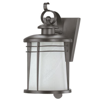 Senecaville One-Light Exterior Wall Lantern, Weathered Bronze Finish on Steel with White Alabaster Glass