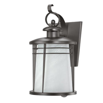 Senecaville One-Light Exterior Wall Lantern, Weathered Bronze Finish on Steel with White Alabaster Glass