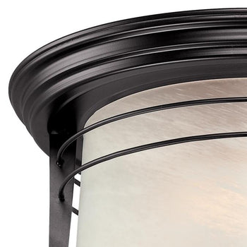 Senecaville Two-Light Exterior Flush-Mount Fixture, Weathered Bronze Finish on Steel with White Alabaster Glass
