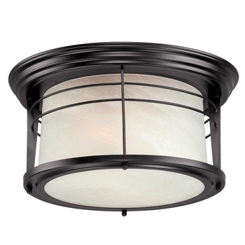 Senecaville Two-Light Exterior Flush-Mount Fixture, Weathered Bronze Finish on Steel with White Alabaster Glass