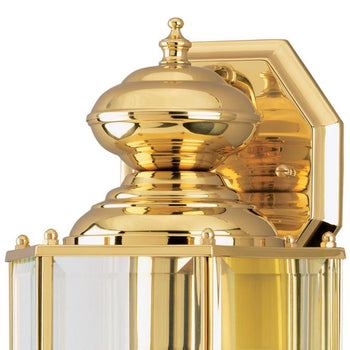 One-Light Exterior Wall Lantern, Polished Brass Finish on Steel with Clear Beveled Glass Panels