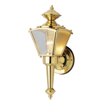One-Light Exterior Wall Lantern, Polished Brass Finish on Steel with Clear Glass Panels