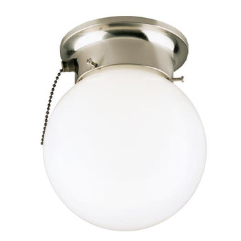 One-Light Flush-Mount Interior Ceiling Fixture with Pull Chain, Brushed Nickel Finish with White Glass Globe