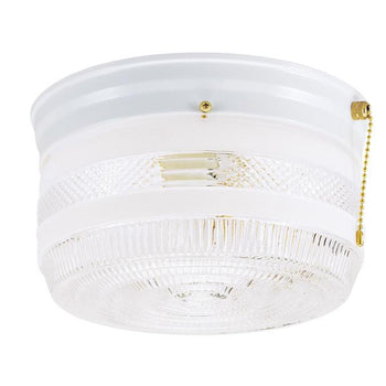 Two-Light Flush-Mount Interior Ceiling Fixture with Pull Chain, White Finish with White and Clear Glass