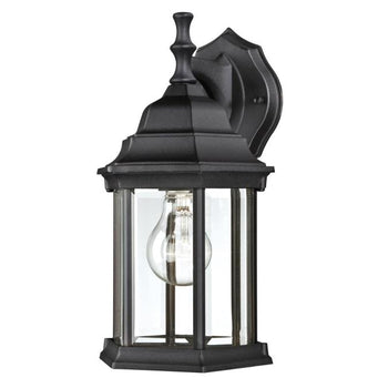 One-Light Exterior Wall Lantern, Textured Black Finish on Cast Aluminum with Clear Beveled Glass Panels