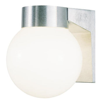 One-Light Exterior Wall Lantern, Brushed Aluminum Finish on Cast Aluminum with White Threaded Glass Globe