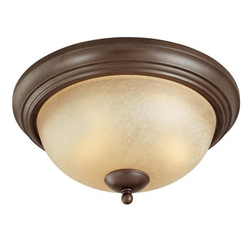 Two-Light Flush-Mount Interior Ceiling Fixture, Saddle Bronze Finish with Antique Amber Scavo Glass