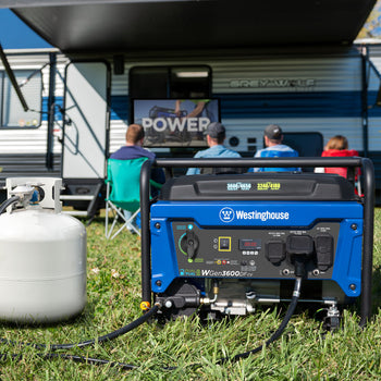 Westinghouse | WGen3600DFcv portable generator hooked up to a propane tank with people sitting in front of a camper watching tv