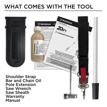 What comes with the tool: shoulder strap, bar and chain oil, pole extension, saw wrench, saw sheath, warranty, and manual on a white background