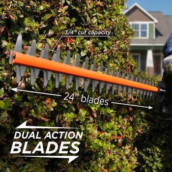 Closeup of hedge trimmer blades with a bush in the background. White text near the top of the blades reads 