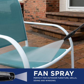 Westinghouse | ePX2000 pressure washer shown spraying a lawn chair with text in a blue bar at the bottom reading: fan spray perfect for outdoor furniture, grills, siding and windows