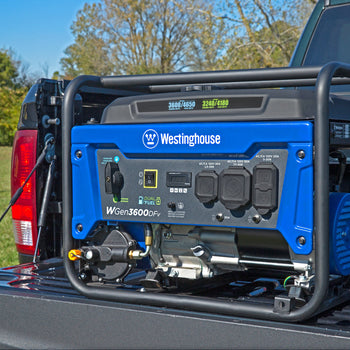 Westinghouse | WGen3600DFv portable generator shown on a truck tailgate with trees in the background