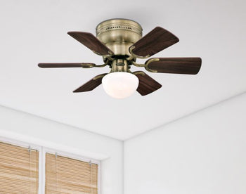 Petite 30-Inch Six-Blade Indoor Ceiling Fan, Antique Brass Finish with LED Light Fixture