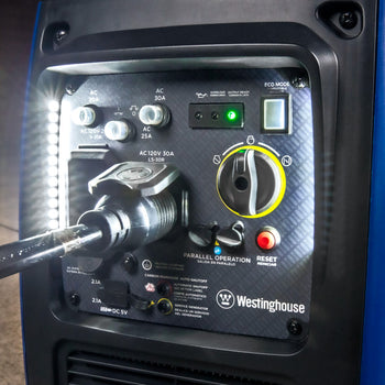 Westinghouse | WH3700iXLTc inverter generator shows a close up of control panel with cord plugged in and LED lights on