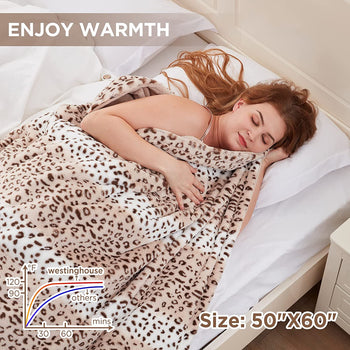Electric Heated Blanket Luxurious Faux Fur Reverse to Flannel Brown Leopard