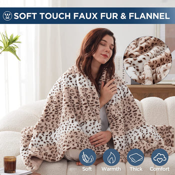 Electric Heated Blanket Luxurious Faux Fur Reverse to Flannel Leopard