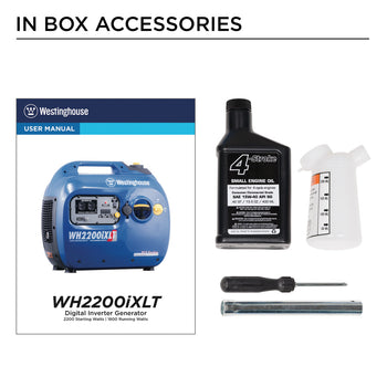 Westinghouse | WH2200iXLT inverter generator in box accessories: User manual, oil, oil funnel, and spark plug wrench.