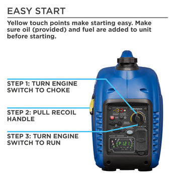 Westinghouse | iGen2500c inverter generator with easy start instructions on white background. Yellow touch points make starting easy. Make sure oil (provided) and fuel are added to unit before starting. Step 1: turn engine switch to choke. Step 2: pull recoil handle. Step 3: turn engine switch to run.