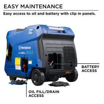 Westinghouse | iGen4500DF inverter generator easy maintenance infographic. Easy access to oil and battery with clip in panels. A photo of the iGen4500DF highlights the oil fill/drain access and the battery access.