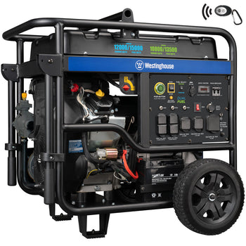 Westinghouse | WGen12000DF portable generator is shown at an angle on a white background.
