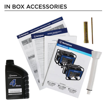 Westinghouse | WGen3600 portable generator in box accessories: Oil, warranty, quick start guide, manual, oil funnel, and spark plug wrench.