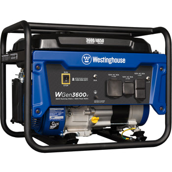 Westinghouse | WGen3600v portable generator shown at an angle on a white background.