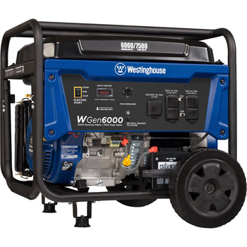 Westinghouse | WGen6000 portable generator shown at an angle on a white background.