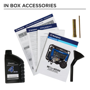 Westinghouse | WGen6000 portable generator in box accessories: Oil, warranty, quick start guide, manual, oil funnel, and spark plug wrench.