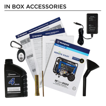 Westinghouse | WGen9500 portable generator in box accessories: Manual, warranty, quick start guide, oil bottle, oil funnel, spark plug wrench, remote, and battery float charger.