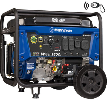 Westinghouse | WGen9500c portable generator shown at an angle with remote key fob on a white background 