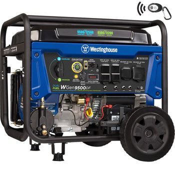 Westinghouse | WGen9500DF portable generator shown at an angle on a white background.