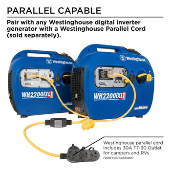 Westinghouse | WH2200iXLT inverter generator parallel capable infographic. Pair with any Westinghouse digital inverter generator with a Westinghouse Parallel Cord (sold separately). A photo of two WH2200iXLT generators being paralleled on a white background is included. The Westinghouse parallel cord includes a 30A TT-30 outlet for campers and RVs (cord sold separate).